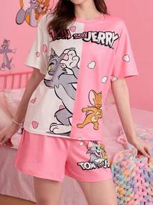 Noctvar OBM Sleepwear X TOM & JERRY طقم بيجامة مكون من ملابس علوية كم قصير رقبة دائرية وشورت بطباعة كرتونية وألوان متباينة - متعدد الألوان - مشاهدة 1
