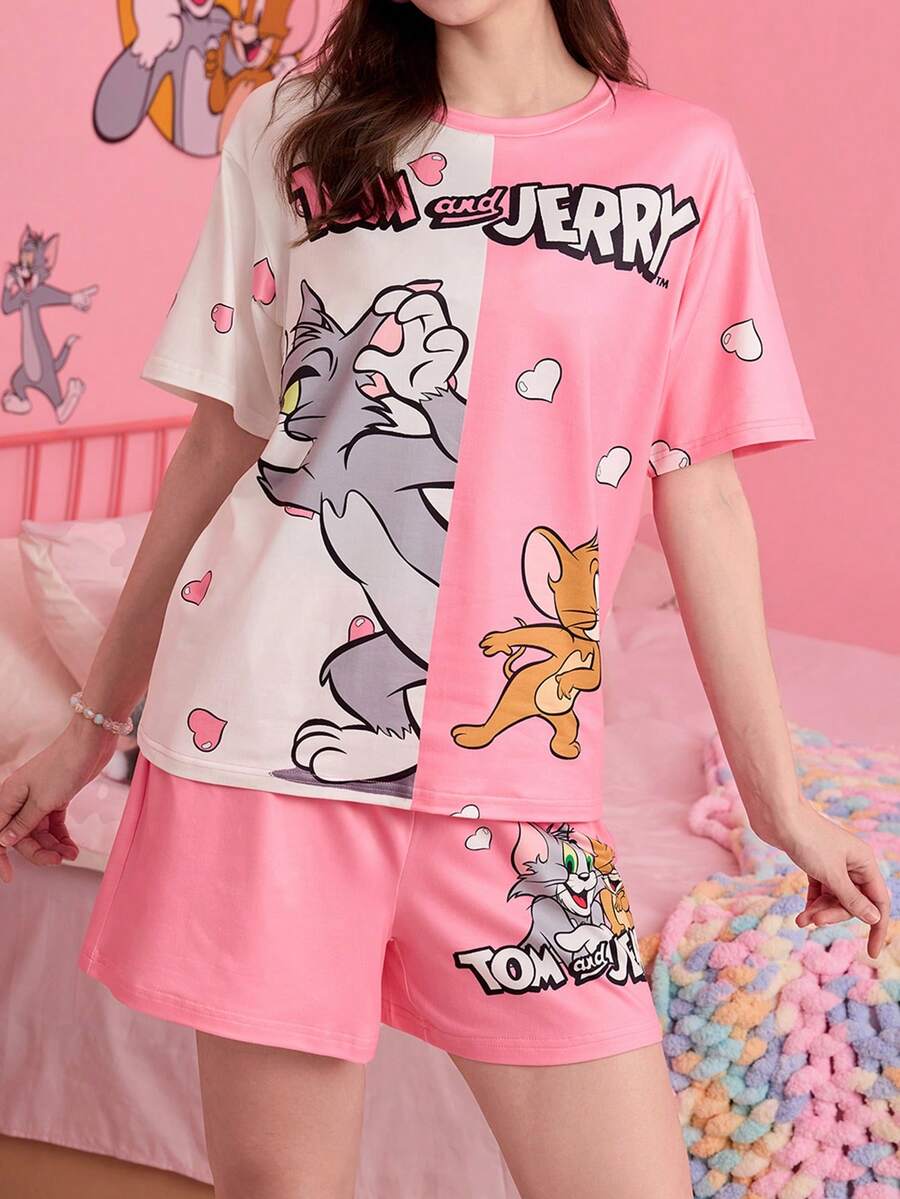 Noctvar OBM Sleepwear X TOM & JERRY طقم بيجامة مكون من ملابس علوية كم قصير رقبة دائرية وشورت بطباعة كرتونية وألوان متباينة - متعدد الألوان - مشاهدة 1
