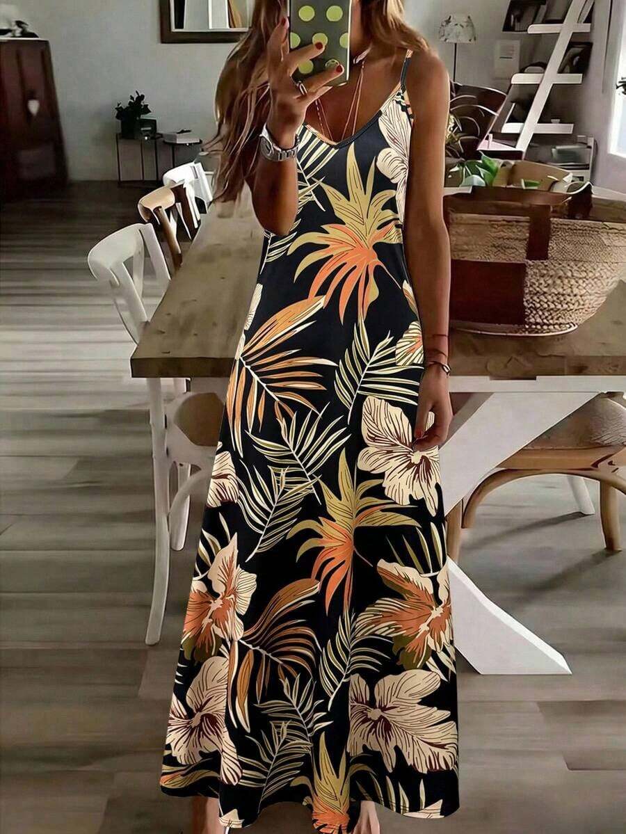 Vestido largo de tirantes informal con estampado de plantas para vacaciones de mujer - Negro - Ver 1