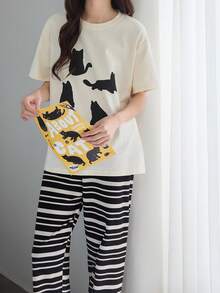 Bộ đồ ngủ mùa hè 2 món dành cho nữ, áo tay ngắn thoáng khí và quần dài, đồ mặc nhà họa tiết hoạt hình. - Màu be - Xem 3