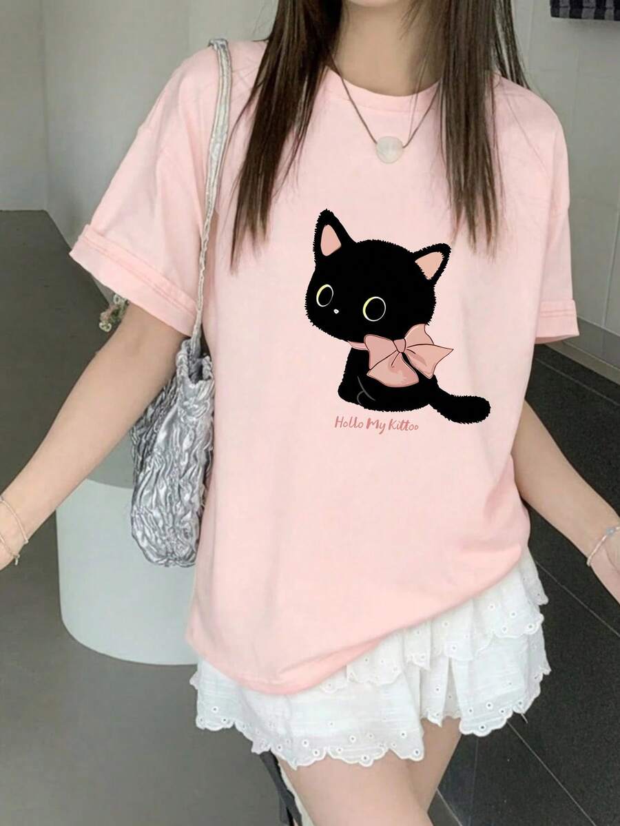 新款夏季Z世代风格女式上衣，可爱小猫印花圆领短袖T恤，休闲粉色