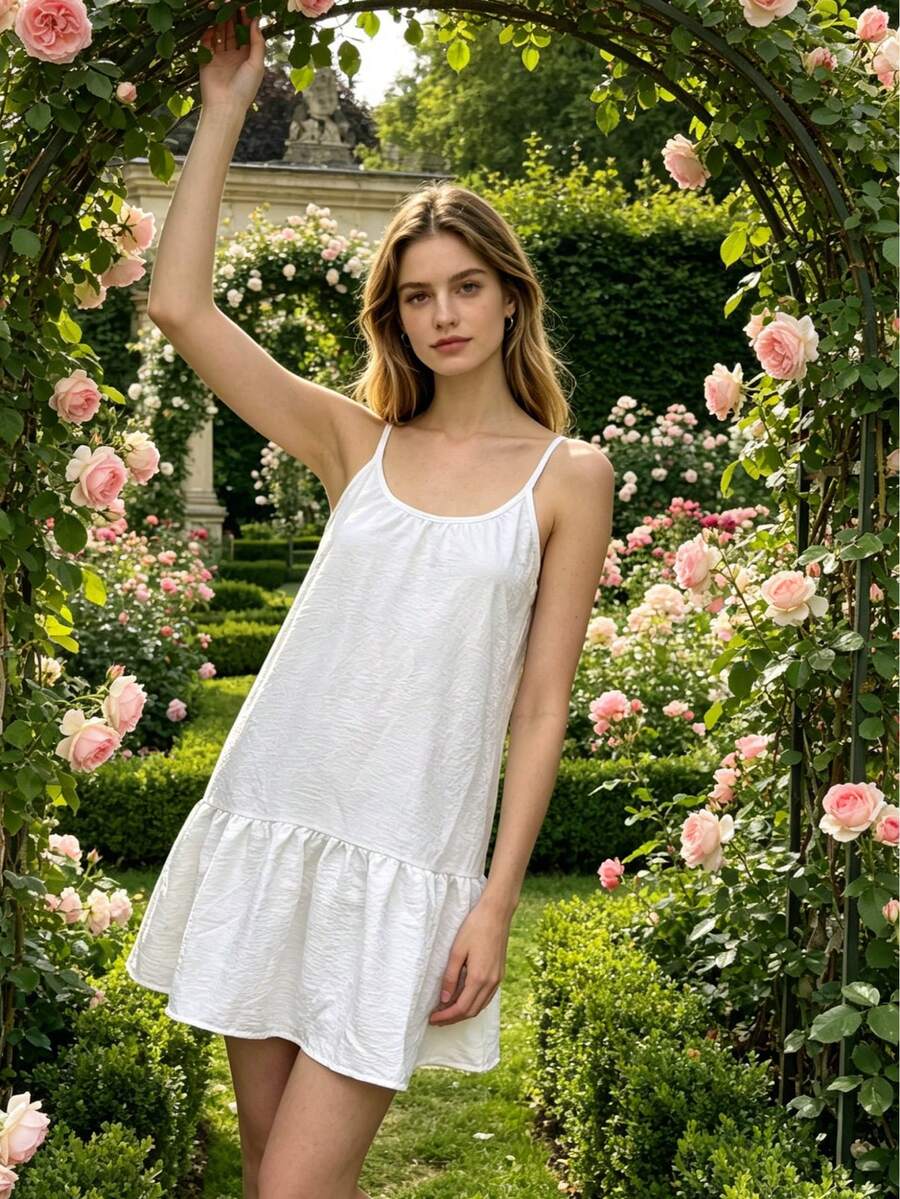 Women's Solid Color Backless Loose Strap Dress, Casual Countryside Style, Sweet For Spring/Summer - White - View 1