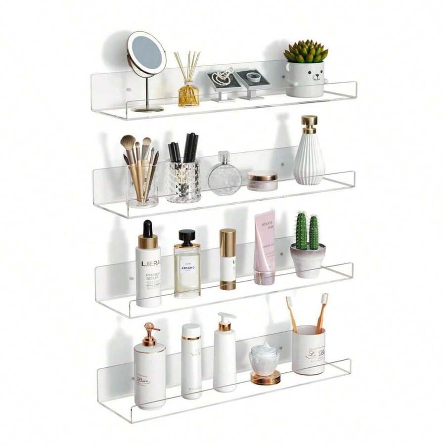 Conjunto de 2 Prateleiras Flutuantes Transparentes em Acrílico, 20/30/40cm, Organizador Invisível para Banheiro, com Parafusos e Ganchos Adesivos sem Furos Inclusos, Prateleira Transparente Antirriscos para Produtos de Beleza, Livros e Decoração.