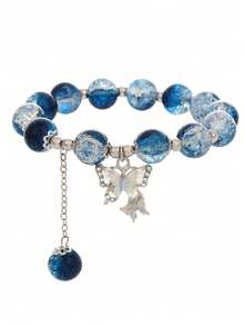 1pc Minimalist Versatile Elegant Beaded Butterfly Pendant Bracelet, Suitable For Girls - Blue - View 5