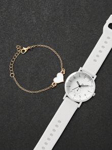 2pcs/Set Jam Tangan Silikon Wanita dengan Dial Angka Elegan, Jam Tangan Quartz + Gelang Berbentuk Hati (Kotak Jam Tangan Tidak Termasuk) - Putih - View 4