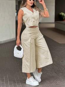 Conjunto de top sin mangas con botones delanteros y pantalones de pierna ancha de cintura alta, conjunto de 2 piezas casual y elegante para el verano - Beis - Ver 6