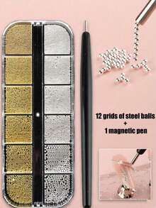 1pc Nail Art Magnetic Pen & 1 Box 12 Grids Gold Silver Beads Metal Charms Mini Caviar Nail Beads Crystal Decoration - Perfect For Cat Eye/Gem Style Gel Nail Polish Magnetic Nail Tool Pen, Easy To Use Nail Supplies Nail Art Charms - Multicolor - View 1