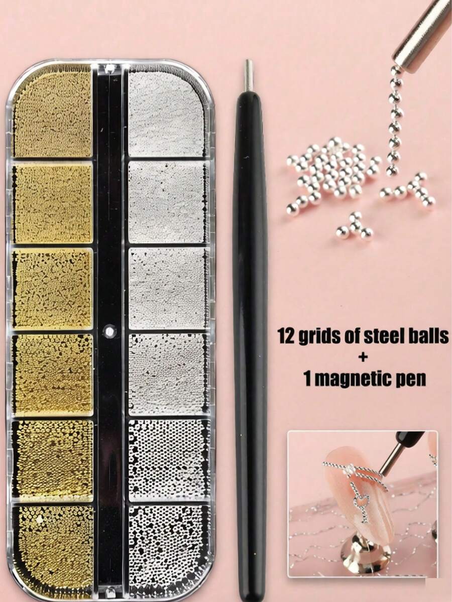 1pc Nail Art Magnetic Pen & 1 Box 12 Grids Gold Silver Beads Metal Charms Mini Caviar Nail Beads Crystal Decoration - Perfect For Cat Eye/Gem Style Gel Nail Polish Magnetic Nail Tool Pen, Easy To Use Nail Supplies Nail Art Charms - Multicolor - View 1