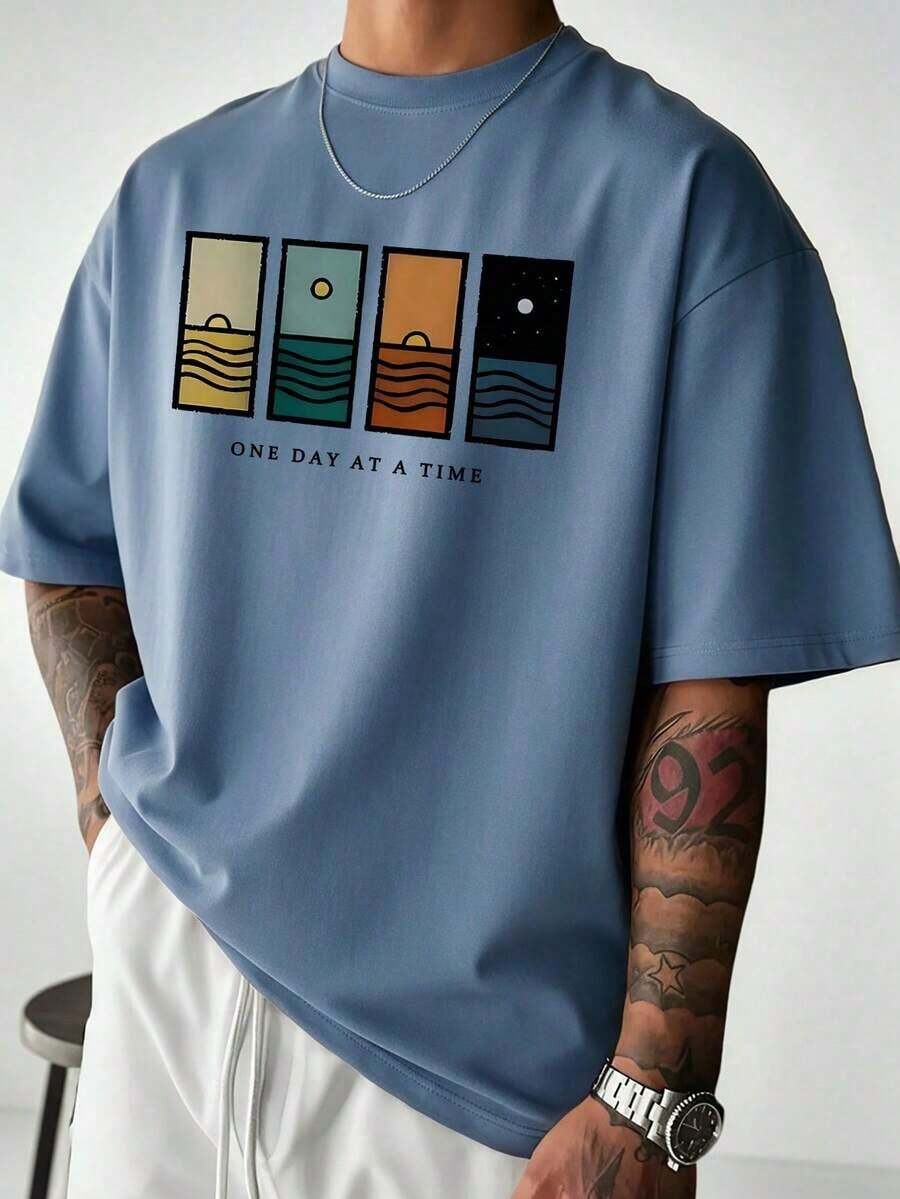 Compatible With The Minimalist Printed Short-Sleeved T-Shirt For Men, Comfortable And Breathable, Suitable For Summer, Fashionable. - 塵土藍2 - 查看 1