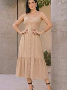 Long Dress In Viscose Linen, Plain, With Thin Straps, Buttons Down The Front, Padded Cups And Lining. Elasticated Back. - Beige - View 9