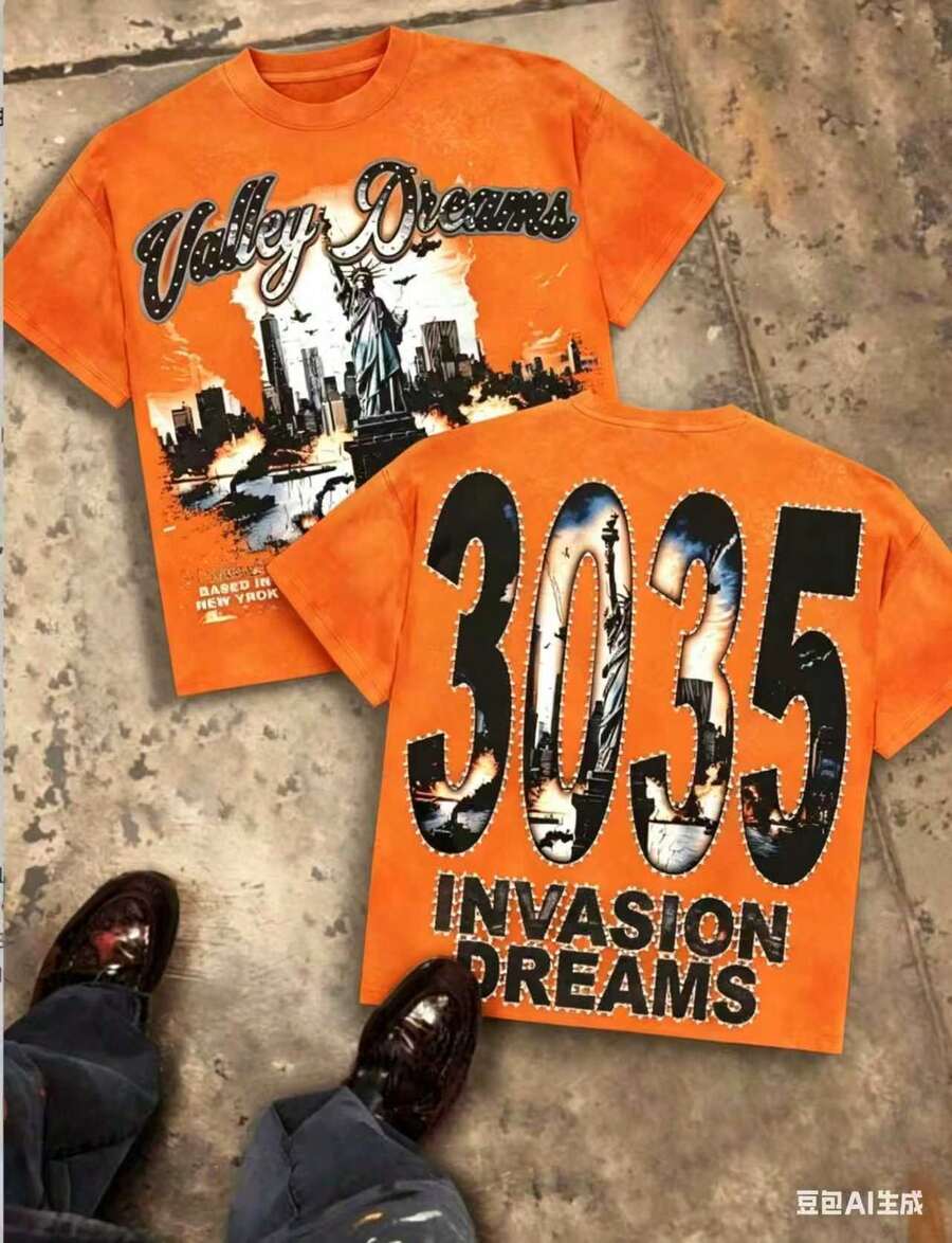 Valley Dreams Statue Of Liberty & City Explosion & "3035 INVASION DREAMS" Text 230g Combed Washed Cotton T-Shirt, Street Short-Sleeve Top, American Dark Hardcore Style Apparel, Spring Summer Crew Neck Top, Suitable For Summer Daily Casual Wear,2026St Pattys Day Outfit,Easter Outfit Women,Summer Outfits,Vacation Outfits Women,Summer Outfits For Women,Spring Outfits For Women,Summer Tops,St Pattys Day Outfit,Easter Outfit Women - 橘色 - 查看 1