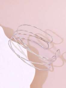1 pieza Brazalete abierto minimalista de línea geométrica para mujer, color dorado para uso diario, joyería - Plateado - Ver 3