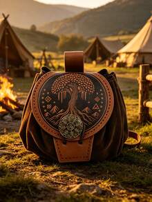 北歐 Yggdrasil 生命之樹皮革腰包 – 中世紀維京 LARP 文藝復興節配件，手工雕花麂皮與皮革包，附北歐盧恩文字與恐懼之盔符號，抽繩開口，適合 Cosplay、文藝復興市集及日常攜帶 - A - 查看 3
