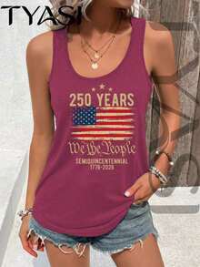 TYASI -250 Years American Flag We The People Tank Top  1776-2026 Patriotic Top-Women's  Sleeveless Shirt, Minimalist And Fashionable, Women Vest,Suitable For Summer - 酒紅色 - 查看 11