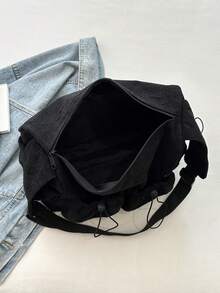 Unisex Corduroy Large Capacity Crossbody Bag, Multi-Pocket Drawstring Strap Shoulder Bag, College Style Suitable For University Students - Black - View 6