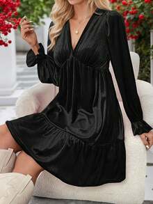 Vestido Elegante de Manga Larga con Volantes de Terciopelo, Primavera/Verano 2026 - Verde Oscuro - Ver 4