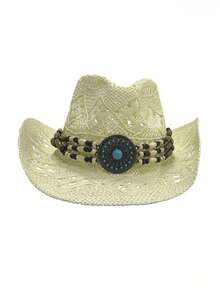 1pc Unisex Western Cowboy Straw Hat, Woven Sun Hat For Spring/Summer Travel, Beach, Casual Sun Protection (If The Brim Is Deformed Upon Receipt, Please Manually Adjust It Back) - MZ3056+ML61 - View 34