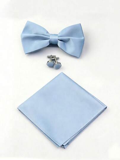 3pcs Set Light Blue Bow Tie, Pocket Square, Cufflinks, Men's Formal Suit Accessories Set, Versatile For Wedding, Business, Graduation Photos, Daily Wear