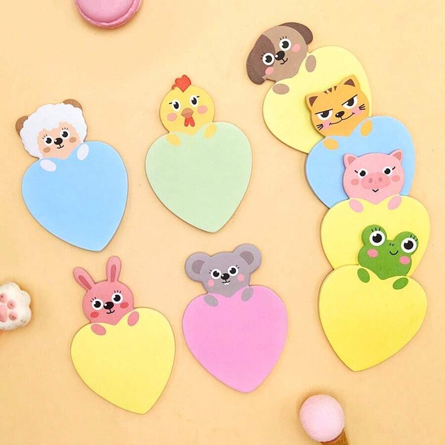 8pcs Set Of 200 Cartoon Animal Pattern Sticky Notes, Heart-Shaped Reminder Notes, Office Message Odd-Shaped Sticky Notes - one-size - View 1