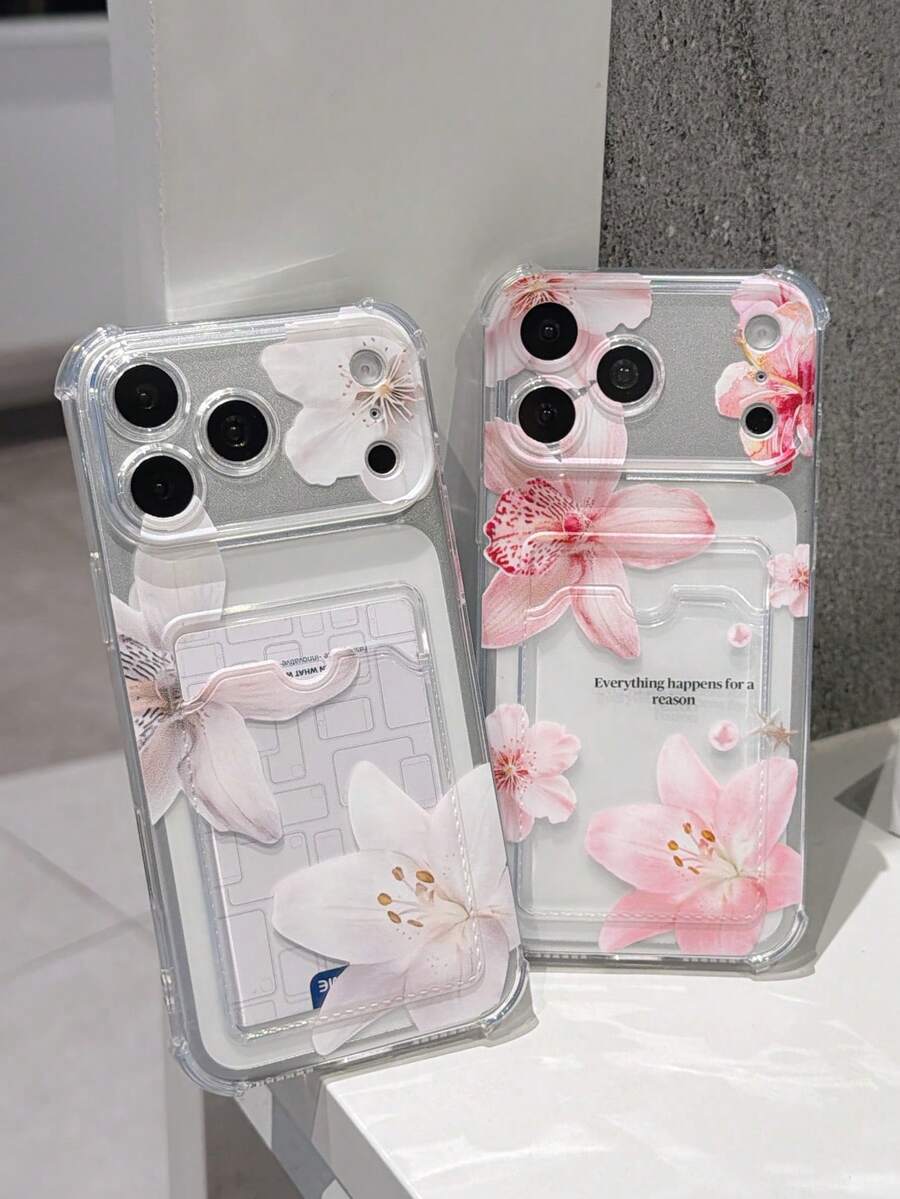 2个装百合花图案透明防摔手机壳,TPU材质,适用于iPhone XS/XS Max/XR/11/12/13/14/15/16 Pro/17/Pro Max/14/15/16 Plus,可放置卡片和照片,适合作为节日礼物 - 無色 - 查看 1