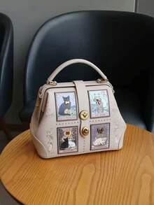 2026 New Arrival Niche Design Large Capacity Luxury Cute Cat Clip Bag, Exquisite Hardware & Embroidered Women Handbag, Retro Color Block Unique Shoulder Crossbody Bag - Multicolor - View 16