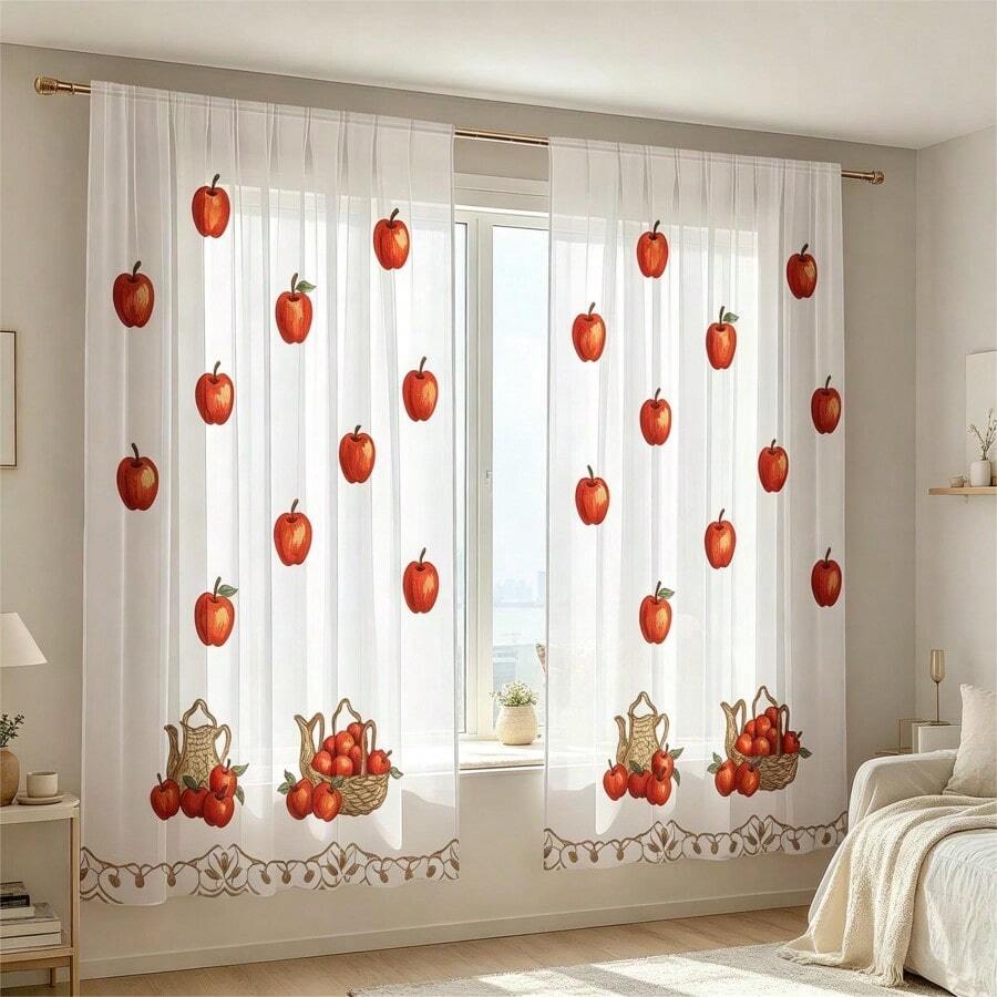 2 tấm rèm voan họa tiết quả táo đỏ, in hình giỏ trái cây và quả táo, in phẳng 2D, hơi trong suốt, phong cách trang trại mộc mạc, thích hợp cho nhà bếp, phòng ăn và phòng khách. - Nhiều màu - 2 chiếc - Xem 1