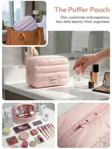 1 pièce Nouveau sac cosmétique coréen matelassé de voyage créatif et à la mode en polyester, élégant sac de toilette à embrayage, pochette numérique antichoc et antidérapante imperméable, porte-monnaie minimaliste urbain, sac de rangement multifonction grande capacité pouvant contenir des cosmétiques - Multicolore - Voir 3