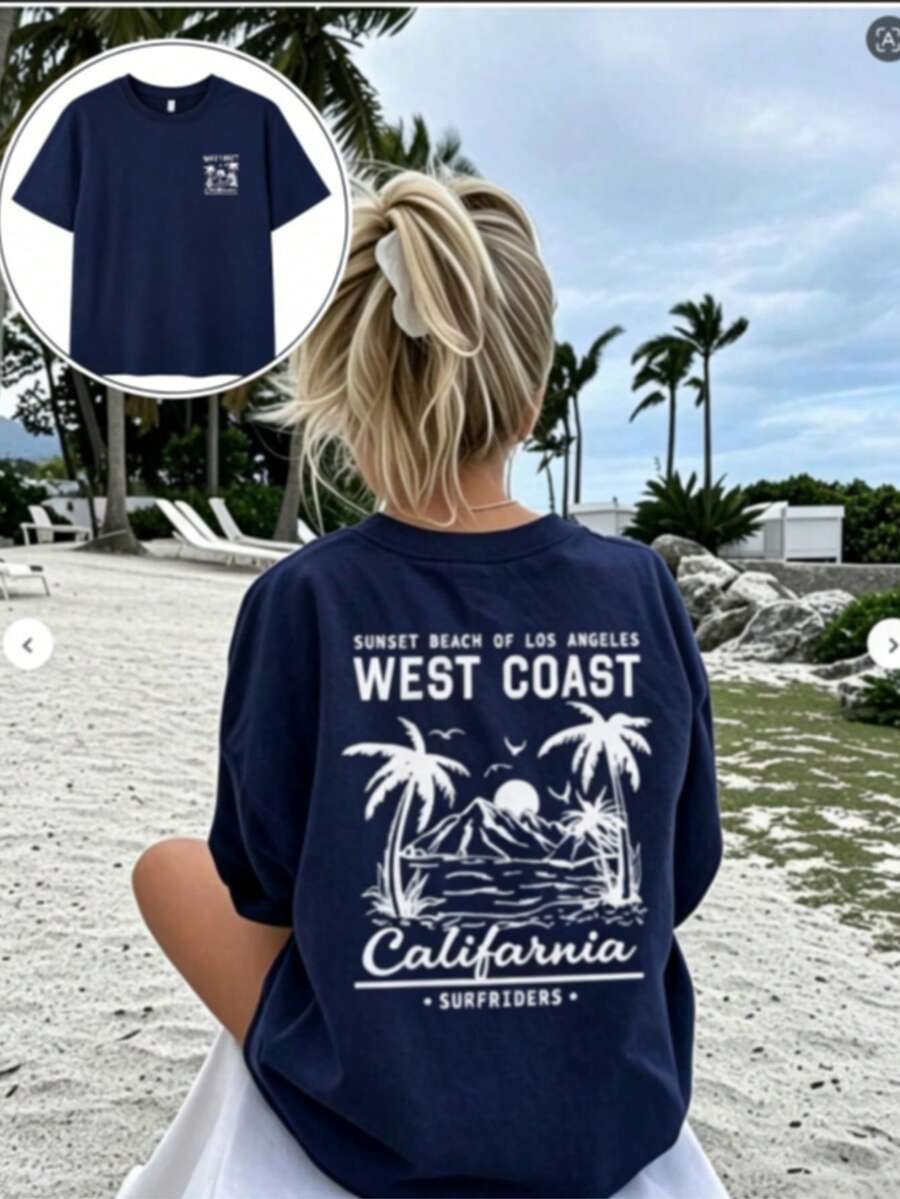Summer Tops Mother's DayWomen's New Summer Casual Round Neck Short Sleeve T-Shirt, Simple Versatile Palm Tree Slogan Print, Suitable For Daily Wear. Graphic Tee, Women's T-Shirt Top Vacation.Loose And Comfortablesummer Clothes Easter - 藏蓝色 - 查看 1