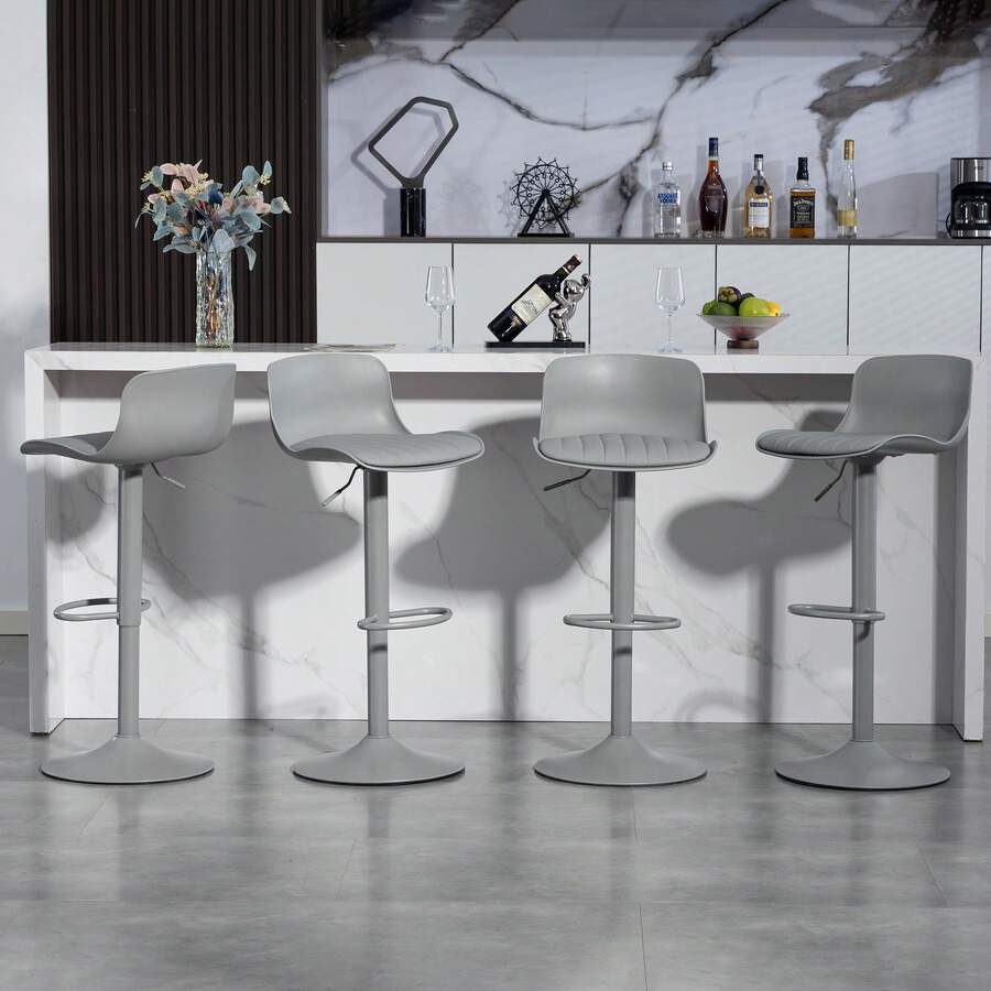 Modern And Adjustable Swivel Bar Stools, Set Of 2, Plastic Backrest And Faux Leather Seat, Gas Spring Height Adjustment, Metal Base With Footrest, Kitchen Counter/Bar Stools - Light Grey - View 1