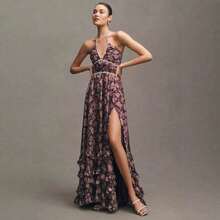 Vestido largo de verano elegante con estampado floral ajustado y tirantes finos para vacaciones de moda femenina - Morado - Ver 7