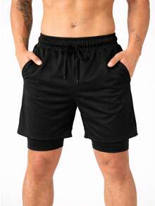 Men's Double Shorts 2 In 1 Premium Compression Fitness Dry Fit For Gym, Training, Running, Soccer - 黑色 - 查看 2