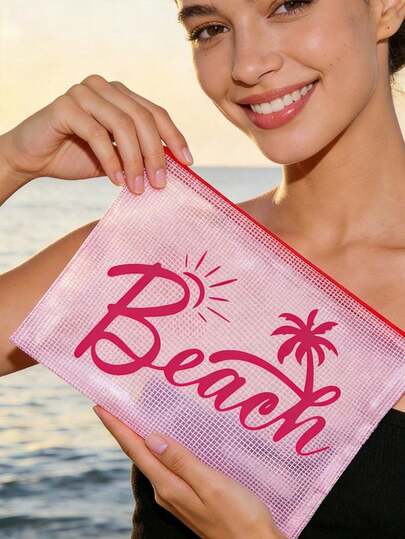 Túi đi biển thời trang chống thấm nước nhiều màu sắc với họa tiết "Bãi biển", cây cọ và ánh nắng mặt trời. Túi đựng mỹ phẩm trong suốt dung tích lớn với khóa kéo nylon - Nhẹ