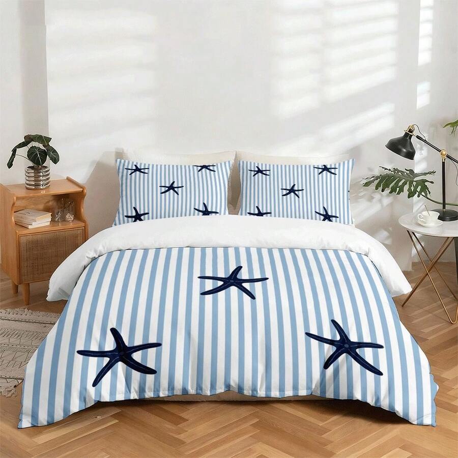 Juego de ropa de cama de 3 piezas con impresión digital de alta definición, juego de funda nórdica con diseño de estrella de mar y rayas, incluye 1 funda nórdica + 2 fundas de almohada, adecuado para dormitorio, habitación de invitados, decoración del hogar, funda nórdica + fundas de almohada de poliéster, ultra suave, transpirable para todas las estaciones, lavable a máquina - BTTJ-SMDM - Ver 1
