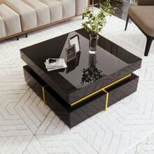 Coffee Table, High Gloss Living Room Table, Side Table With Drawers And Gold Details. - Black - View 12