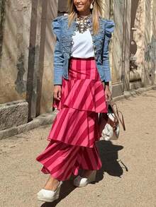 New Elegant Striped Bohemian Layered Skirt, Versatile For Beach, Holiday, Date, Airport, All Seasons Summer - Pink Stripes - View 3