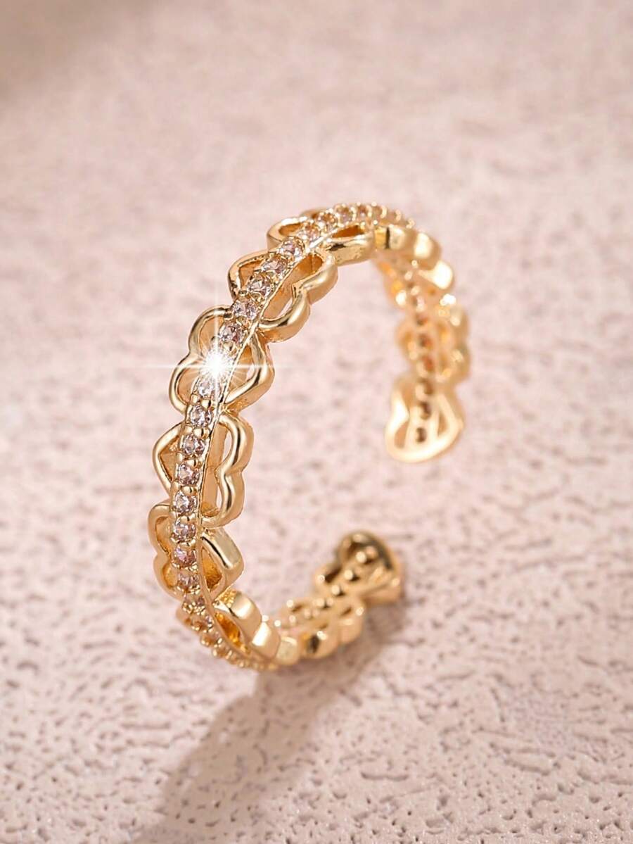 1pc Women's Ring, Luxury Versatile Fashion Micro-Inlaid Synthetic Zirconia Open Ring, Delicate Luxury Heart-Shaped Band
