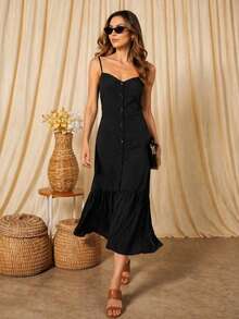 Long Dress In Viscose, Plain, Straps, Buttons On The Front, Cups And Lining. Elastex On The Back - Negro - Ver 9