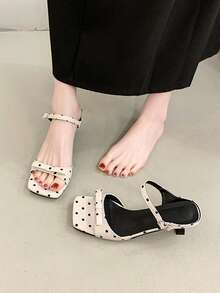 Women's Vintage Polka Dot Satin Mid-Heel Sandals, Square Toe Open Toe With Slim Kitten Heel, Adjustable Ankle Strap, Breathable And Fresh For Summer Wear, Stable And Comfortable Chunky Heel Design, Elegant And Versatile For Daily Outings, Office Commute, Parties And Vacations - Beige - View 7