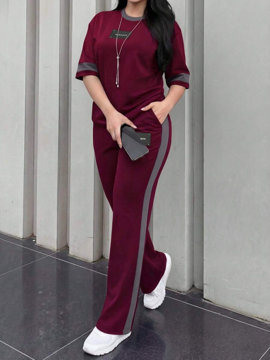 女士春秋季圆领短袖T恤和松紧腰宽松长裤两件套，休闲日常夏季穿着 - 酒紅色199 - 查看 1