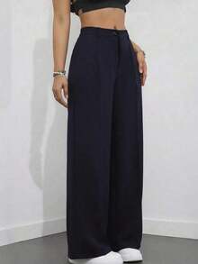 Pantalones casuales y de oficina de talle alto con pliegues para mujer, de corte holgado, adecuados para primavera/verano, color caqui - Azul marino - Ver 4