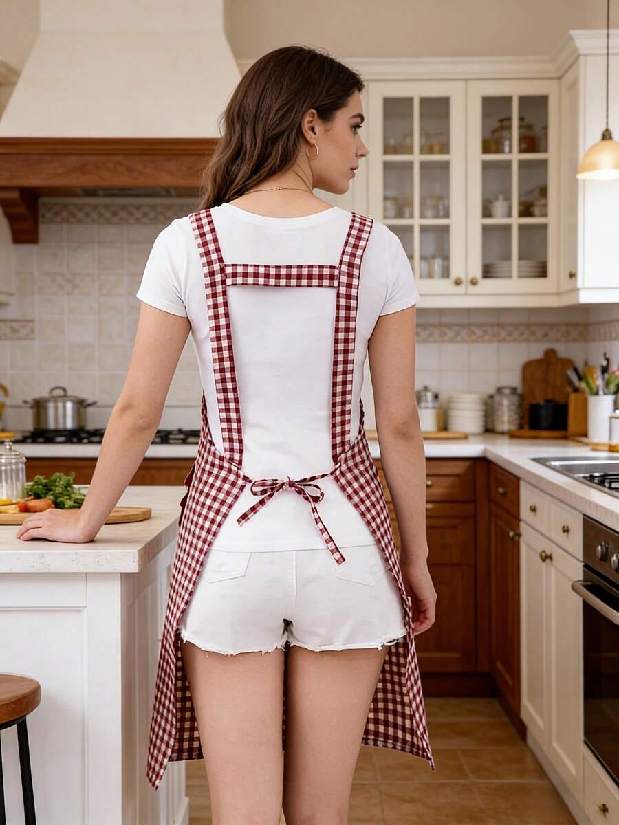 Cotton Plaid Apron With Large Pockets, Sleeveless Cooking Apron, Oil & Stain Resistant, Suitable For Household Use - A - View 1