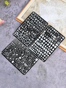 Bộ 3 khuôn dập móng nghệ thuật, họa tiết Hổ đen, Rồng, Côn trùng, Graffiti, Hình học, bằng thép không gỉ. - Bạc - Xem 2