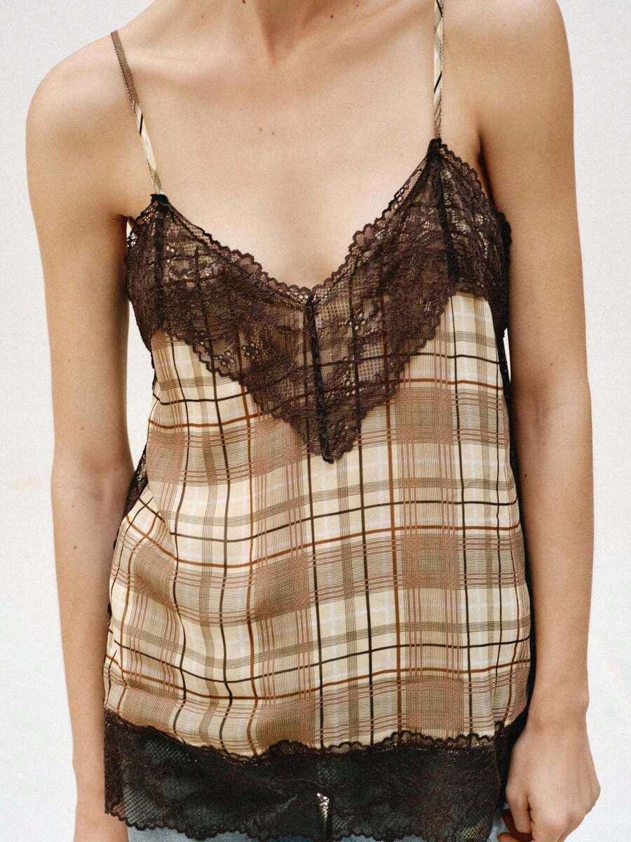Top Cami de Encaje a Cuadros Grunge Y2K - Camiseta Boho Casual Suelta Sin Mangas con Cuello en V - Marrón oscuro - Ver 1