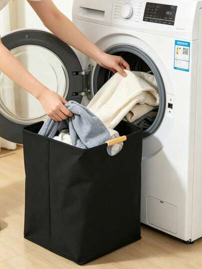 1pc Cotton Linen Laundry Basket, Foldable Portable Fabric Dirty Clothes Storage Basket For Home, Bedroom, Bathroom