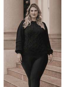 Plus Size Winter Puff Sleeve Knitted Blouse - Size G2 (EXL) - Black - View 1