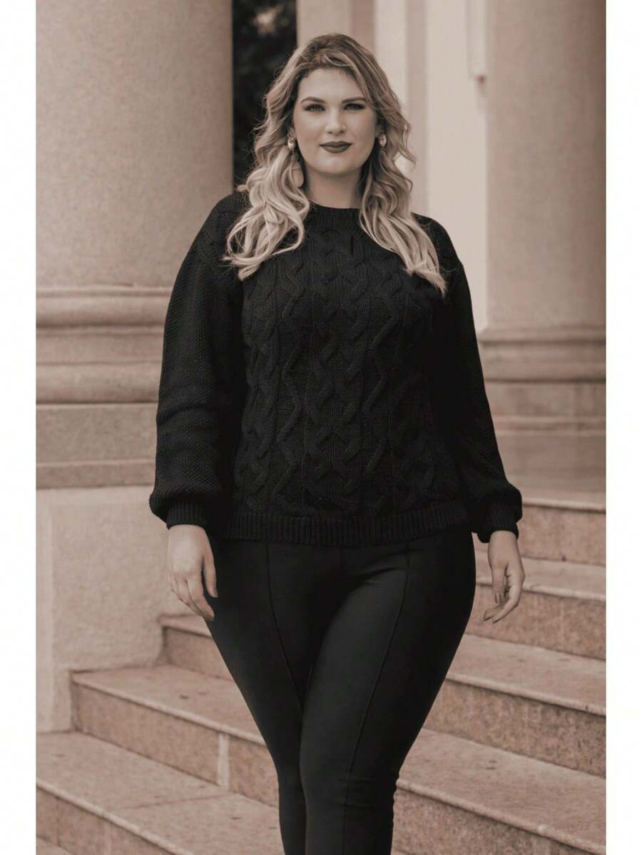 Plus Size Winter Puff Sleeve Knitted Blouse - Size G2 (EXL) - Black - View 1