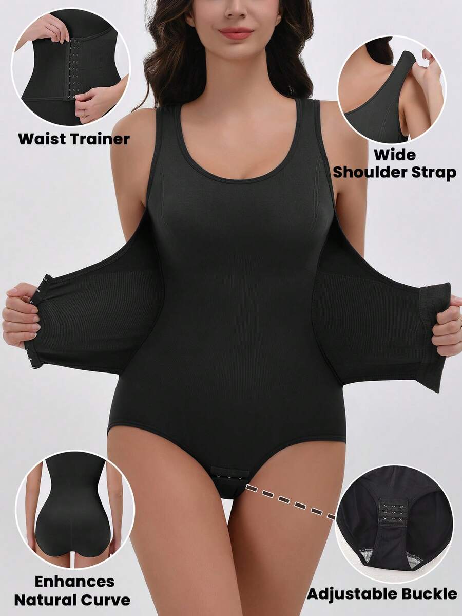 女士塑身连体衣 - 收腹、收腰、提臀，宽肩设计，黑色，配有可调节三排扣 - 黑色 - 查看 1