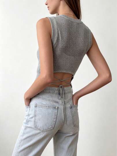 Gray Backless Tie-Up Rib-Knit Camisole, Summer New Design Casual Sleeveless Round Neck Tank Top For Women