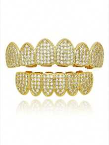 Set de 2 Grillz de dientes con rhinestones de moda estilo hip hop, tapas de dientes superiores e inferiores removibles, adecuados para festivales y fiestas hip hop de mujeres - Dorado - Ver 13