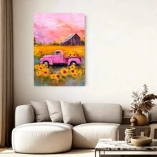 Con marco 2D plano, 2D plano, Una obra de arte 2D con un camión rosa en un campo de girasoles, perfecto para regalos de Pascua y el Día de San Patricio. Este viene enmarcado y es ideal para embellecer cualquier habitación, incluyendo dormitorios, con decoraciones festivas. - Enmarcado - Ver 3